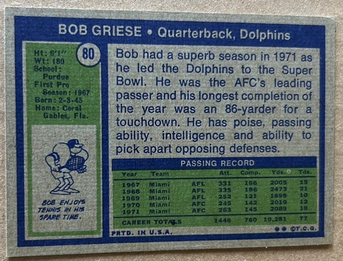 BOB GRIESE HOF 1972 TOPPS Card #80 EX-MT Condition - Picture 2 of 2