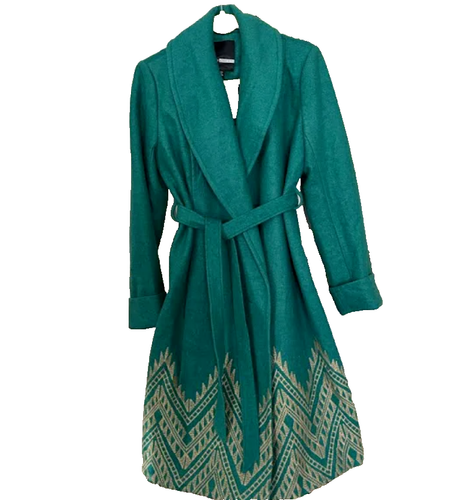 ANTHROPOLOGIE Tracy Reese Trenchcoat groß grün mit gold besticktem Besatz