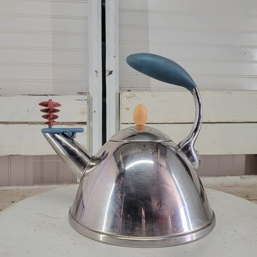 Vintage Stainless Steel Tea Kettle Signed MICHAEL GRAVES Spinning Whistler
