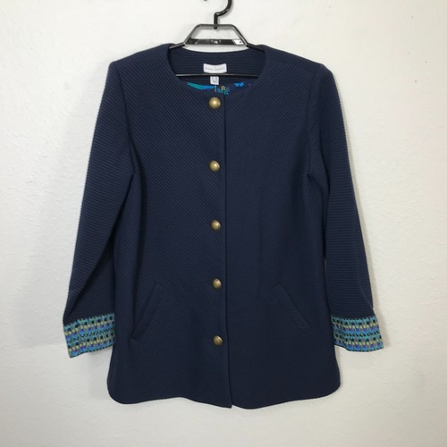 Susan Graver Rib Knit Jacket with Cuff Detail Navy Size 14 A300534