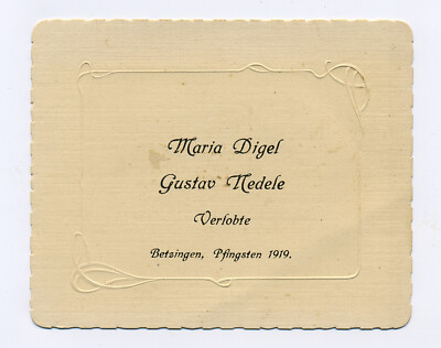 Antike JUGENDSTIL-VERLOBUNGSKARTE Reliefprägung 1919 Maria Digel & Gustav Nedele