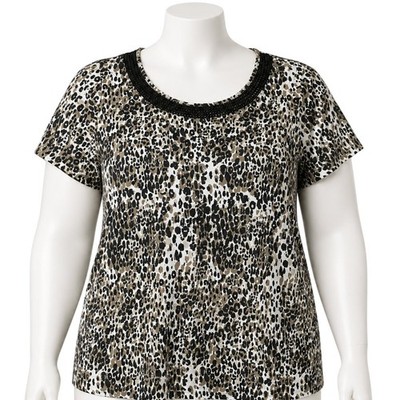 White Stag Top Plus 3X Brown Black Leopard Short Sleeves Rhinestone Indie Sleek