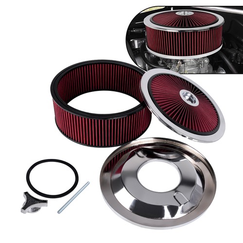 Universal 14" x 5"RED Round Deep Dish Air Cleaner Kit+Washable Filter+Chrome Lid - Foto 4 di 12