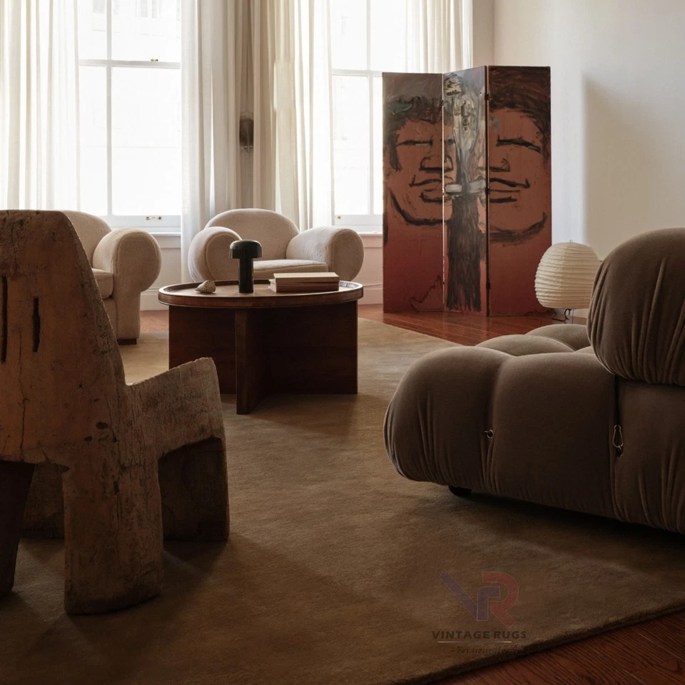 Handmade Wool Rug 8x10 Beige Chestnut Solid Modern Area Carpet Living Room Decor - Image 2 of 4