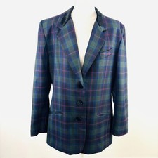 Talbots Womens Blue Green Plaid Worsted Wool Blazer Velvet Collar Size 12 USA