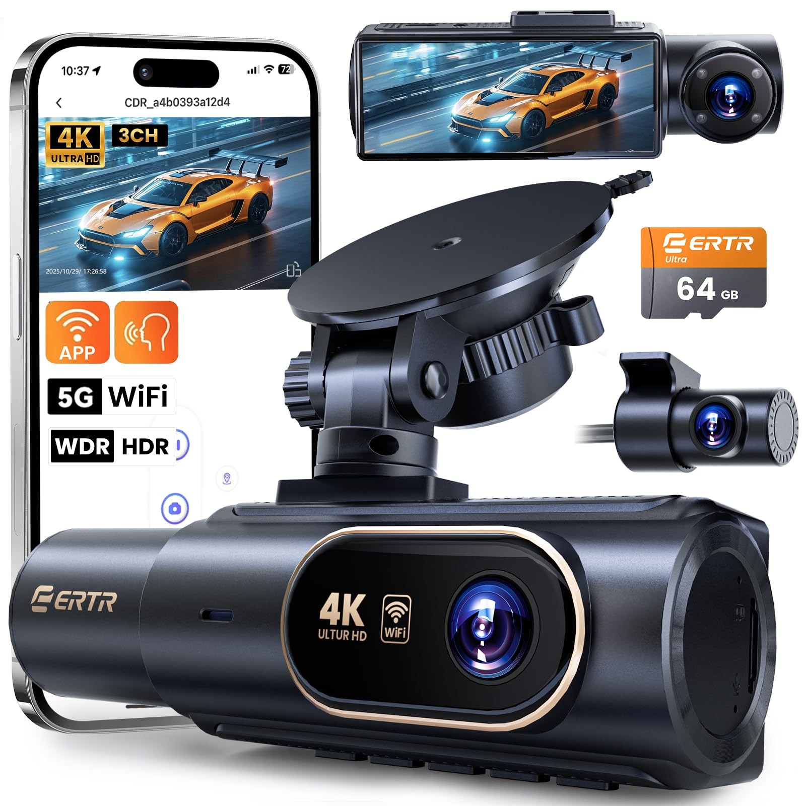 3 Channel 4K Dash Cam Front and Rear,4K Cams for Cars,4K+1080P+1080P...