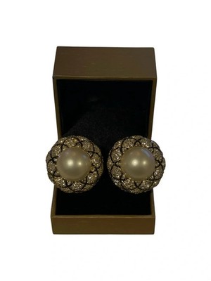 Vintage CINER Mobe Pearl with Pave Diamonds Costume Clip on Earrings