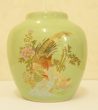 BLUE DRAGON BRAND Vintage Porcelain Green Ginger Jar Pheasants Flowers NO LID