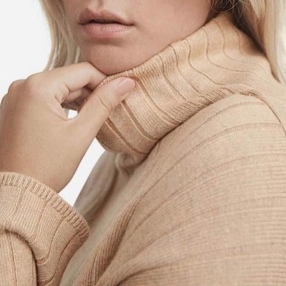 WITCHERY Wool Blend Ribbed High Roll Neck Knit, Camel/Beige, Size M - suit 14