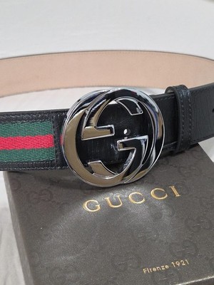 Authentic Gucci Black Green And Red Striped Belt Silver GG  display picture 1