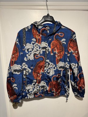 Gucci Men's Blue Tiger Print Hooded Windbreaker Jacket with Zipper