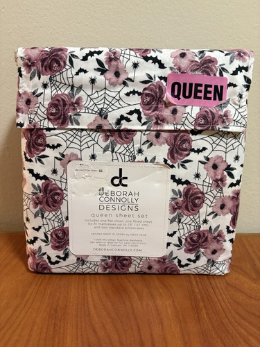 Deborah Connolly Design Queen Sheet Set Purple Floral Spider Bat Halloween Theme - Picture 2 of 3