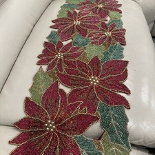 Designer Floral Table Runner Glass Beaded Christmas Tableware 13X36  Poinsettias