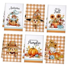  Set of 6 Fall Kitchen Towels Pumpkin Autumn Dish Hand Tea Orange Scarecrow