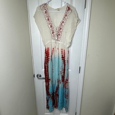 Exist Womens Boho Tie Dye Maxi Dress Red Turquoise Embroidered Lace Up Gauze L