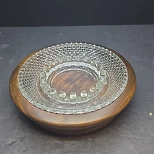 Antique Solid Walnut &  Clear Hobnail Glass Table Ashtray 7" Dia.