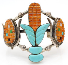 Vtg Zuni Native American Sterling Spiny Oyster Turquoise Corn Inlay Cuff SW-349