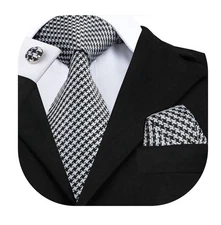 Hi-Tie Houndstooth Ties Silk Black Gray Necktie Set with Woven Handkerchief