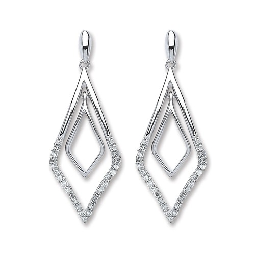 9ct White Gold Drop 0.15ct Diamond Earrings 28mm Length Hallmarked - Picture 3 of 5
