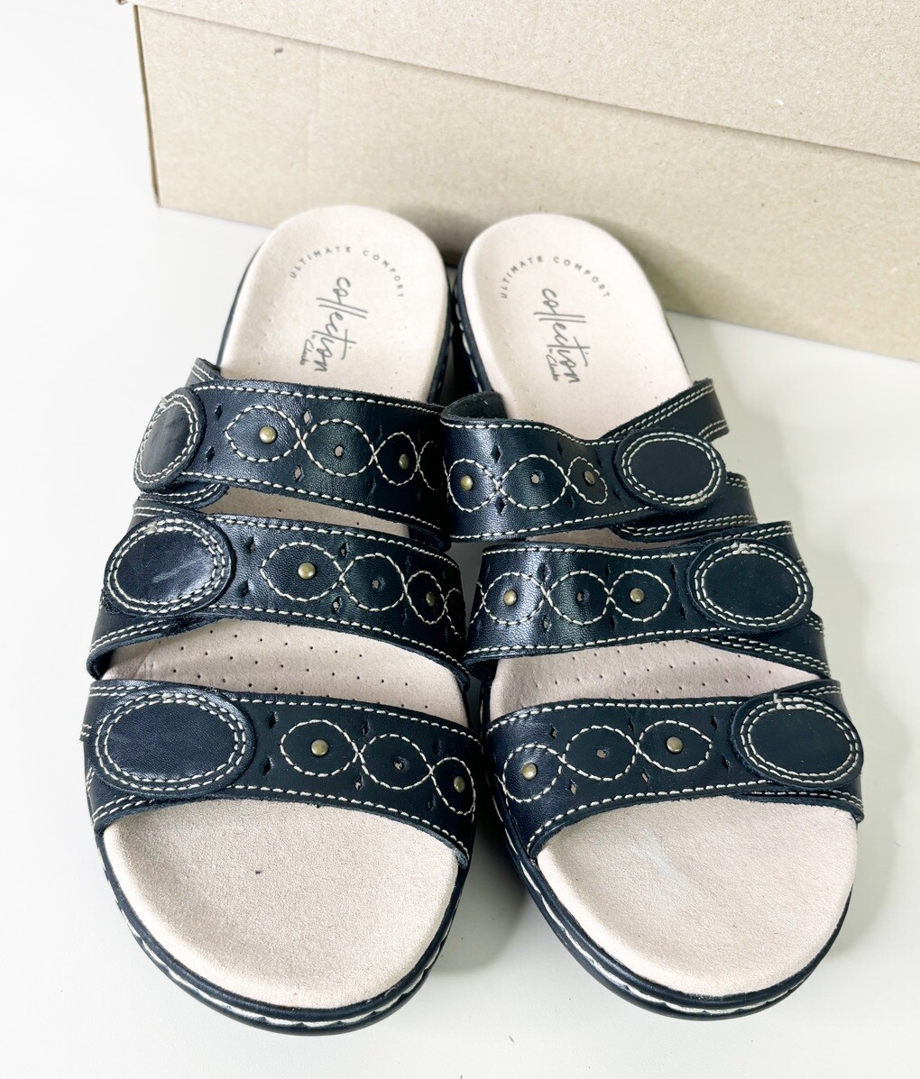 Clarks Leisa Cacti Sz Black Comfort Sandals Hook Loop New No