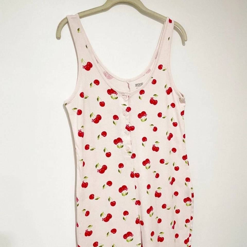 VS Rosa Polvo Rosa Estampado Cereza Pijama Mono Sin Mangas S Kidcore SoftGirl Foto 3 de 4