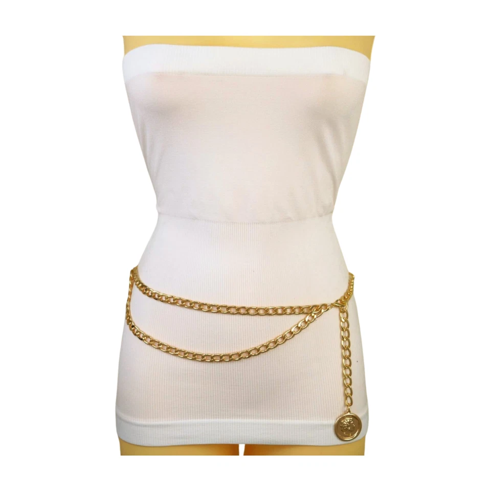 Women Gold Metal Chain Links Wave Side Front Fashion Belt Coin Charm Size XS S M - Image 3 of 4