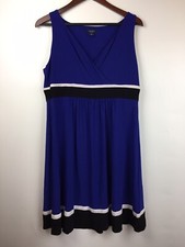 Chaps Womens XL Empire Waist V Neck Sleeveless Stretch Dress Blue Black EUC!