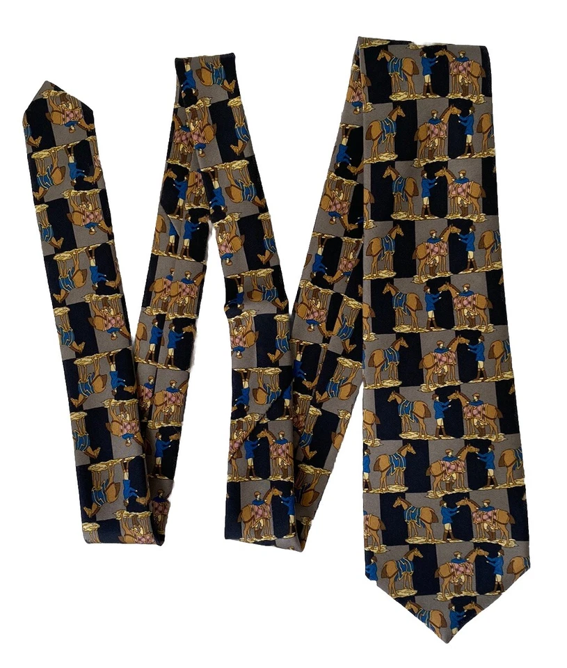 Corbata de cuello ROSA seda temática ecuestre azul marino y gris 58" hecha en Inglaterra Foto 2 de 3