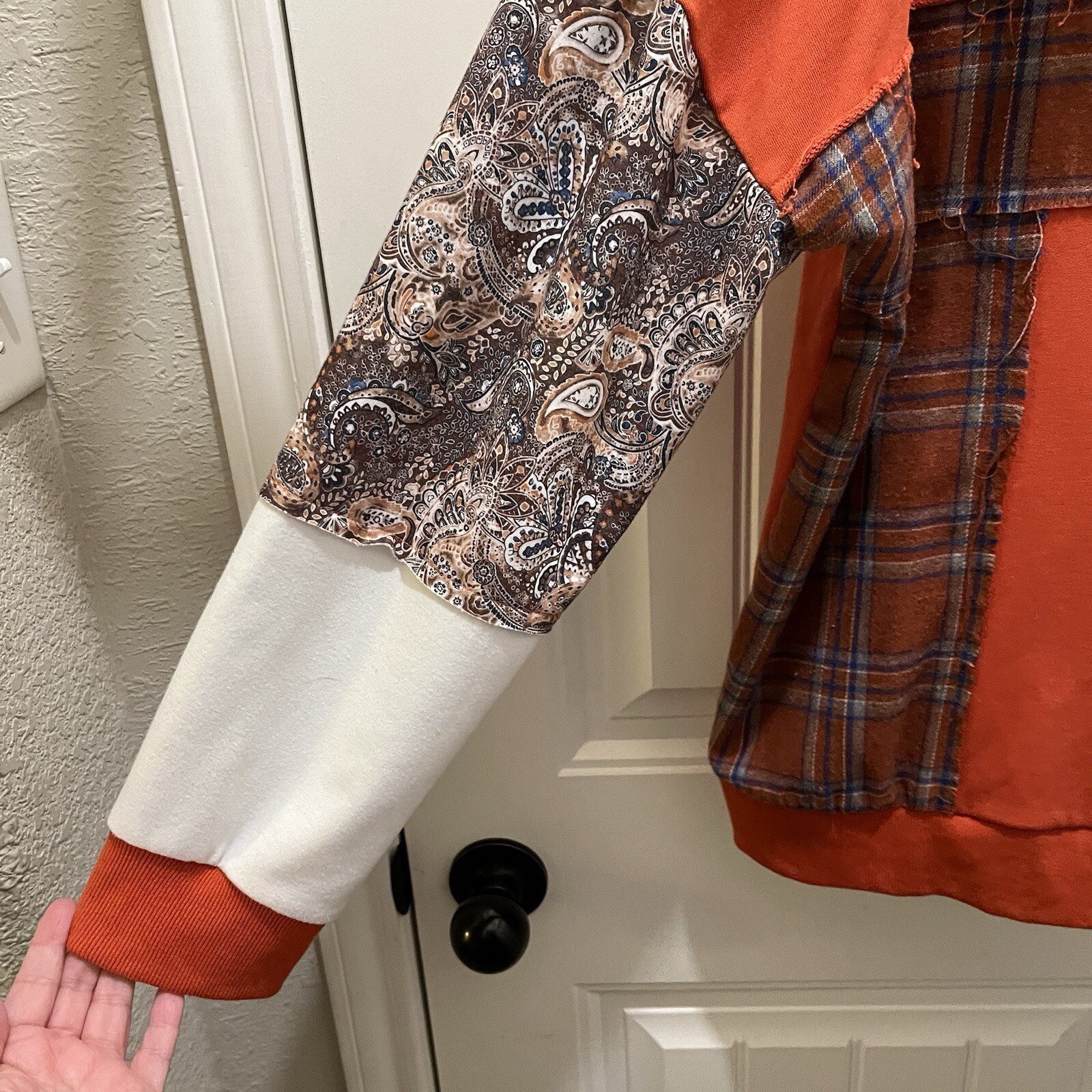 Womens Patchwork Mixed Print Orange Fall Pullover… - image 5