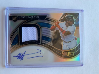 Monte Harrison 2021 Panini Select Auto /199 Patch Prizm Rookie RC  Miami Marlins