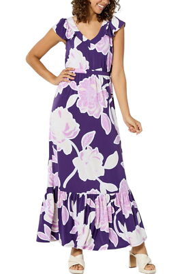 IMAN Global Chic Drapey Knit Tiered Maxi Dress Deep Grape Floral