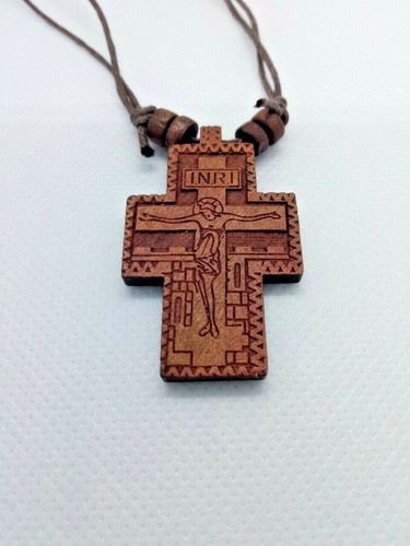 1.7" Wooden Greek Orthodox Mount Athos Crucufuxion Necklace Pendant Cross 4.4cm - Picture 2 of 4