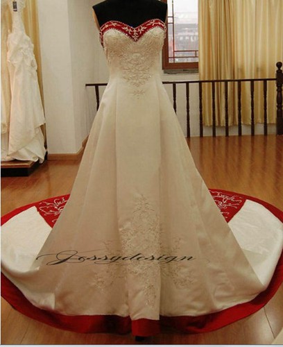 Klassisches Brautkleid Hochzeitskleid Weinrot Weiß schöner Schleppe Stickereien - Bild 4 von 6