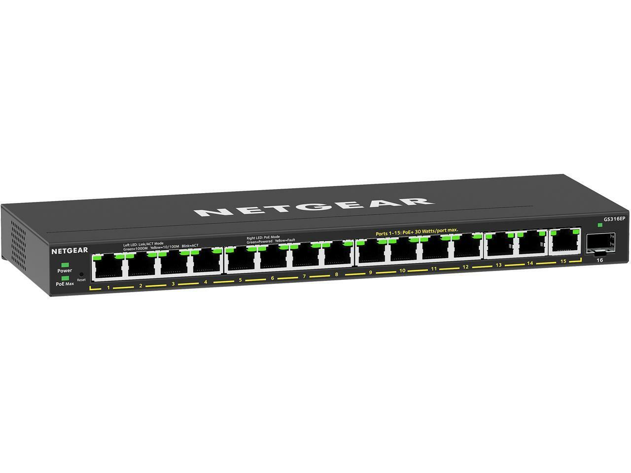 16-портовый коммутатор NETGEAR PoE Gigabit Ethernet Plus (GS316EP) - Управляется с помощью 15 x P