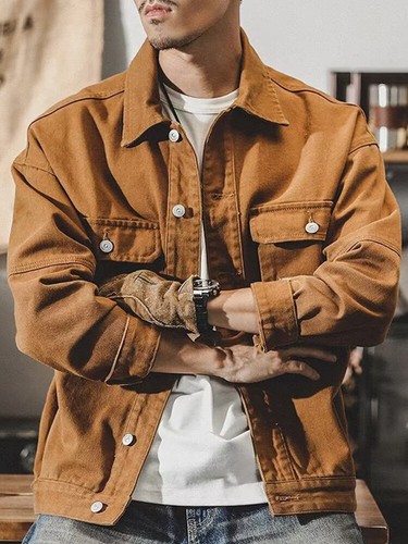 Men Vintage Jacket Denim Outwear Coat Workwear Tops Button Cargo Loose Overcoat~ - Picture 8 of 16