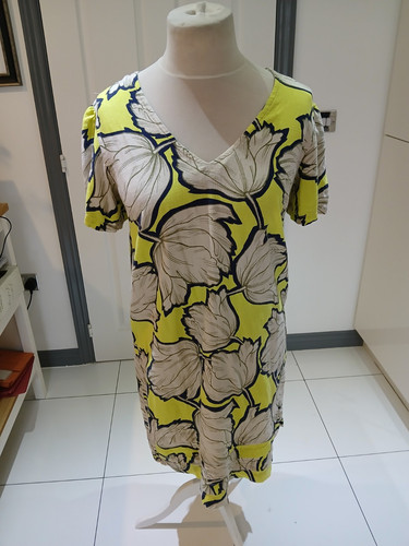 Abito donna Next taglia 16 grigio verde blu floreale misto lino cambio, scollo a V - Foto 1 di 17