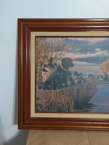 Cuadro de patos cazadores perros negros firmado de colección sobre lienzo enmarcado 27" X 23" - Imagen 2 de 16