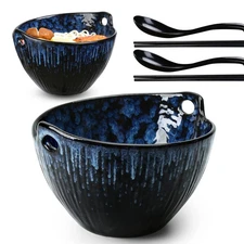 Ramen Bowl with Chopsticks and Spoons Set, 7 Inch Ceramic Noodle Bowl Set of ...