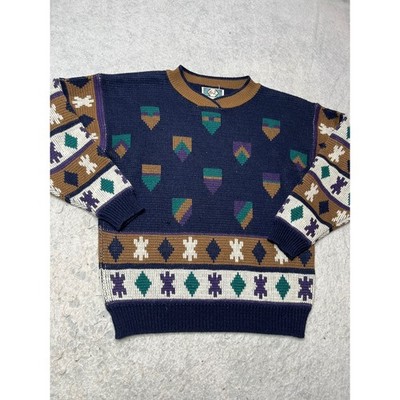 Vintage East 62 Mens Acrylic Knit Sweater Navy Blue Geometric Tribal Pattern S