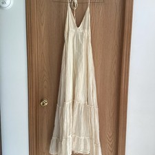 Express Cream Gold Metallic Striped Tiered Haltered Maxi Dress Size