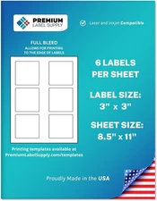 White Sticker Square Labels – 3" x 3" – Laser/Inkjet Compatible – (6 per Sheet),