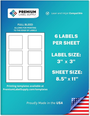 White Sticker Square Labels   3'' x 3''   Laser/Inkjet Compatible   (6 per Sheet),