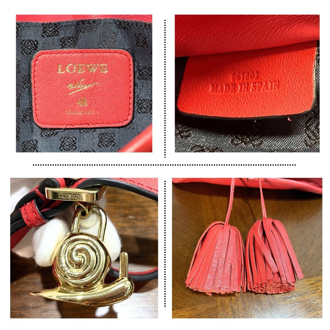 Rare LOEWE Anagram Shoulder Bag Pochette Tassel Fringe Leather Red Snail Charm F image 8