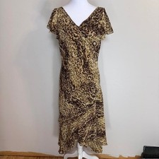 Studio I Leopard Print Midi Dress Ruffle Hem Cap Sleeves Sz 12 90s Y2k Romantic