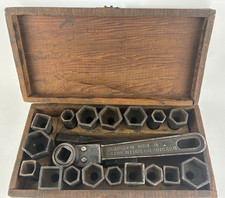 Antique 1914 Chicago Manufacturing Co Socket Set W Ratchet Wrench In Wood Box