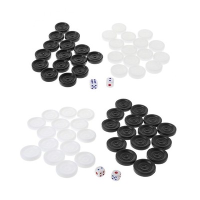 30Pcs/Set Plastic Black White Checkers Backgammon Chess Pieces with Two Dices