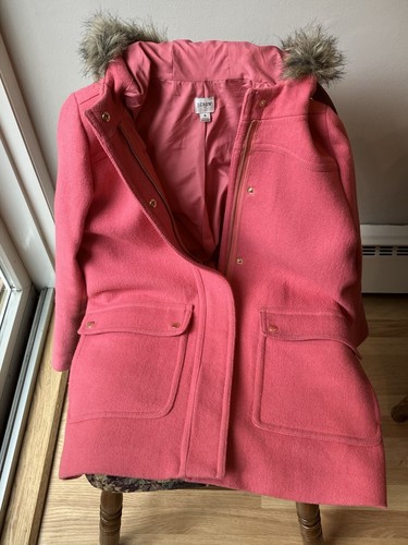 J. Crew Chateau Parka Coat Rose Wool Faux Fur Veil Trim Hood Size 8 Jacket - Picture 3 of 9