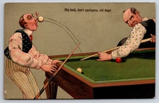Humor Men Playing Billiards Pool Man Hit in Face with Cue Ball 1914 Postcard