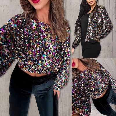Stylische Pailletten Baseball Jacke für Frauen Reißverschluss Mantel für Büh