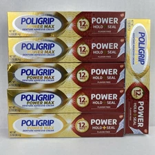 6 Boxes Poligrip Power Max POWER HOLD + SEAL FLAVOR FREE Denture Adhesive Cream